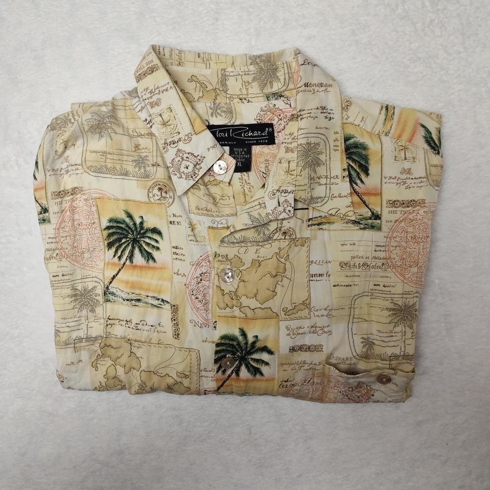 Tori Richard Shirt Mens XL Beige Hawaiian Aloha Palm Tree Map Button Front USA